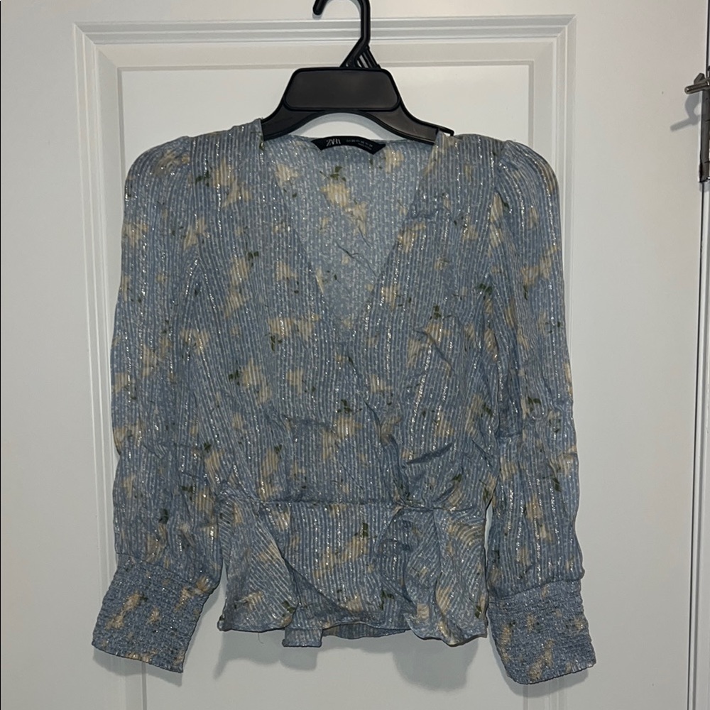 Zara Blue Wrap Ruched 3/4 Sleeve Blouse
